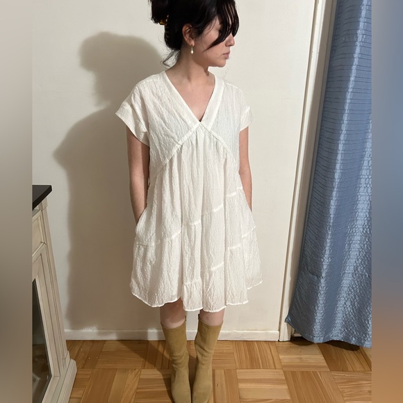 Anthropologie Dresses & Skirts - Maeve Anthropologie White Cap Sleeve Baby Doll Mini Flare Dress